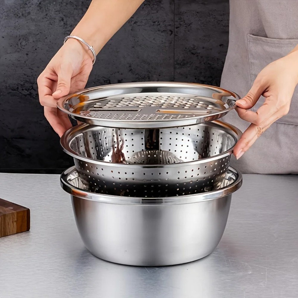 3Pcs 스텐 채반 볼 세트 믹싱볼 쌀 씻는 바스켓 과 - Household Kitchen Gadgets Vegetable Cutter Silk Cutter 리뷰 및 가격